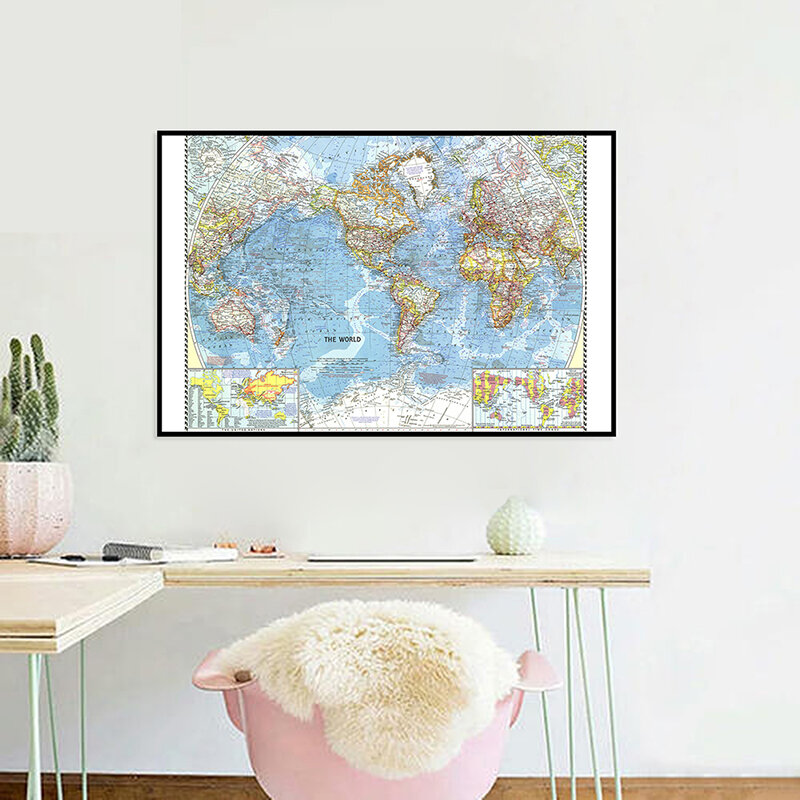 1960 World Map Globe 90*60cm Canvas Map of The World Wall Sticker Retro  Wallpapers for Home School Education Decor