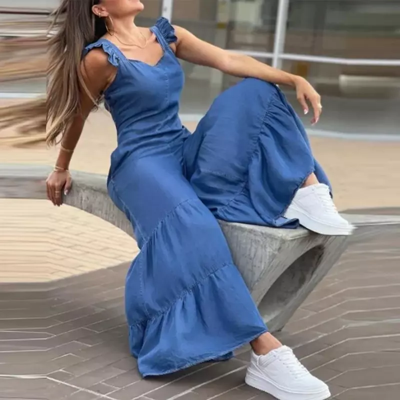 Women Solid Jumpsuits Spring V Neck High Waist Straight Playsuits Summer Backless Wide Leg Pleated Pants Rompers Flared Jumpsuit