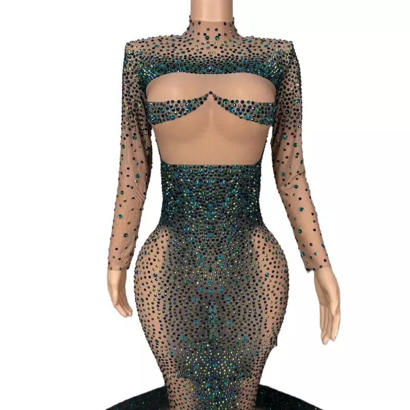 Danqing-Vestidos largos con piedras brillantes para mujer, traje Sexy de estilo sirena, cuello alto, malla transparente, color negro, 2024