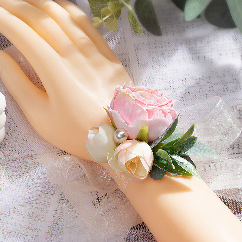 Ramillete de muñeca para dama de honor, pulsera de peonía de seda Artificial hecha a mano, flores de cinta para decoración de fiesta de boda