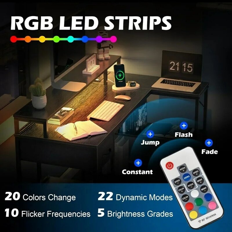 Mesa de jogos em forma de L com luzes led e tomadas elétricas, 51 polegadas com porta-copos e suporte completo do monitor