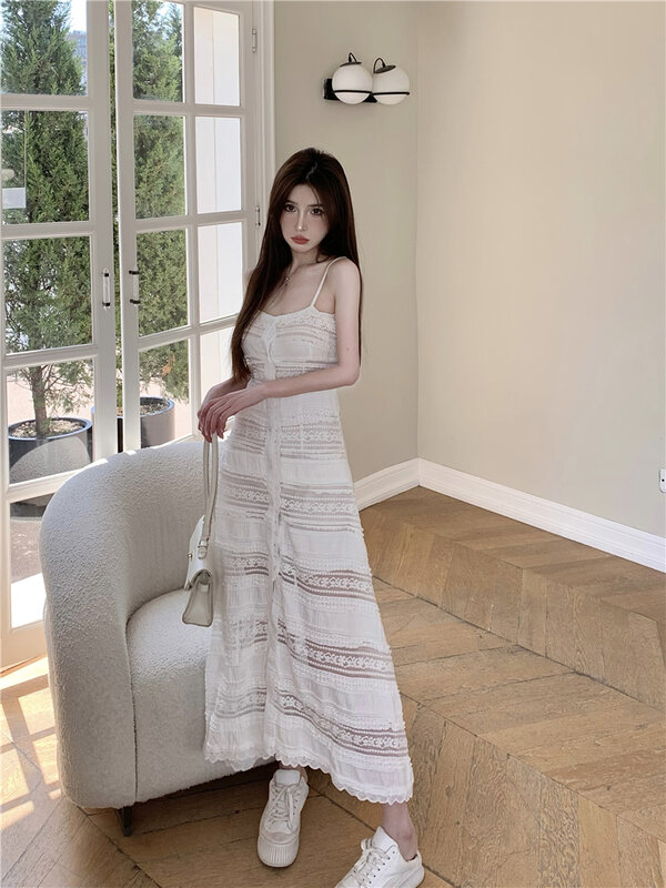Vestido de encaje blanco para vacaciones francesas, falda de pastel de Peplum Ethos de diseño Vintage, vestido Halter, falda de pastel de Hada, moda de verano 2024