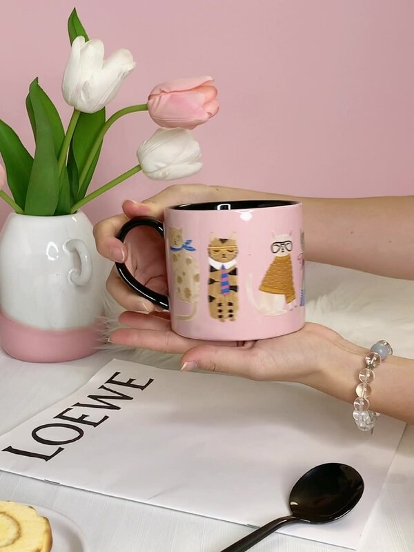 女の子のための漫画の猫セラミックコーヒーマグ、レトロコーヒーカップ、午後ティーマグカップ、かわいい
