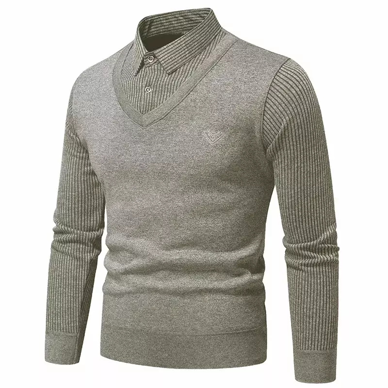 남성용 페이크 투피스 스웨터, 플리스와 슬림핏, 폴로 칼라, 니트 하의 셔츠, 두껍고 따뜻함, 가을 및 겨울 신상