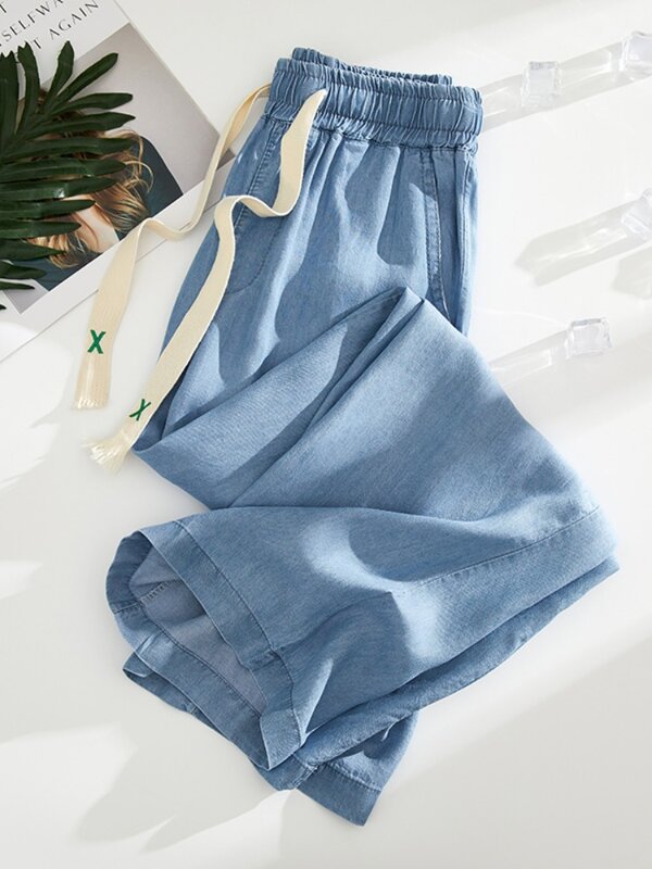 Pantalones vaqueros finos para mujer, Pantalón elástico de cintura alta, pierna ancha, color azul, estilo coreano, de gran tamaño, novedad de verano 2023