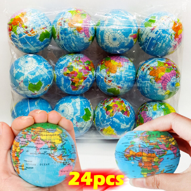 24PCS Earth Squeeze Balls Soft Foam Globe Stress Relief Squeeze Toys Hand Wrist Exercise Sponge Toy for Kids Educational Gifts