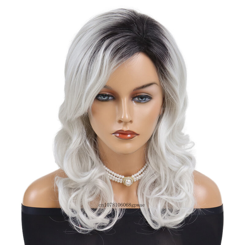 Fluffy Long Curly Synthetic Wig for Women Silver White Wigs with Bangs Dark Root Lady Mommy Daily Cosplay Party Heat Resistant