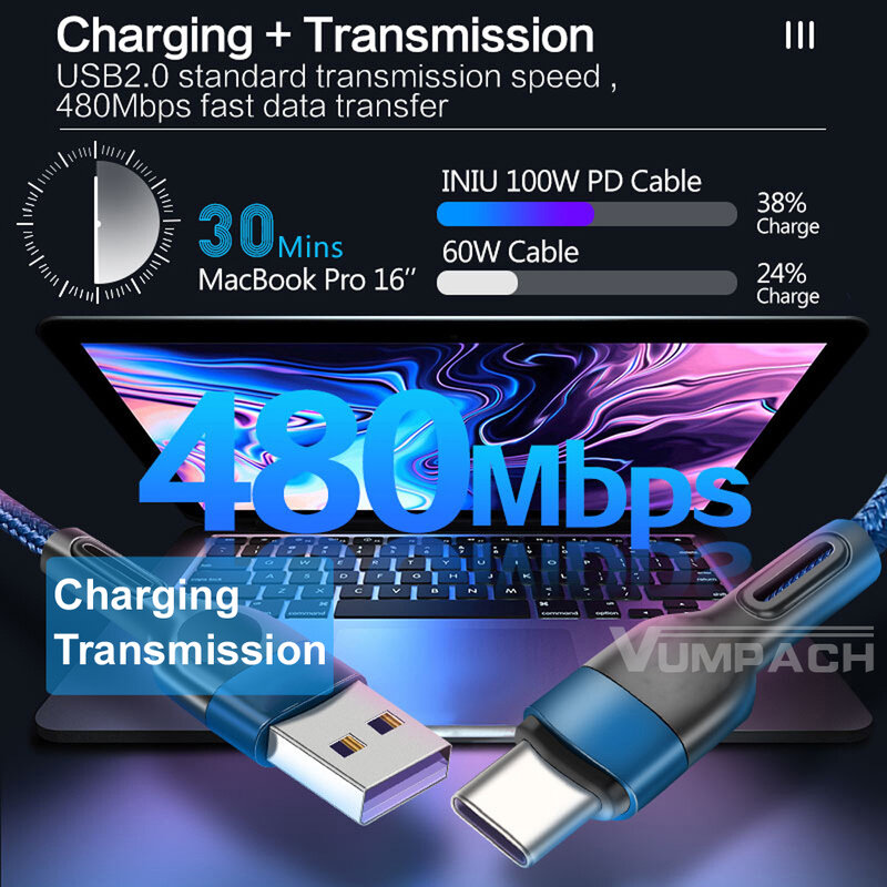 Cabo USB Tipo-C de Carregamento Rápido, Cabo de Dados, Carregador para Samsung S21, S20, A51, Xiaomi Mi 10, Redmi Note 9S, 8T