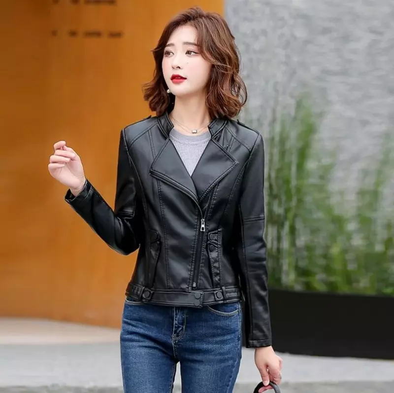 Jaket kulit wanita, Mantel PU kulit pendek kerah berdiri, pakaian luar gaya Moto & pengendara sepeda motor Keren Musim Semi 2023