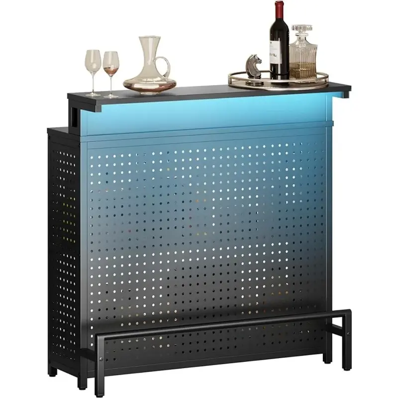 Mini Unidad de barra con detección de música, armario de Bar con luz LED, soporte para vino, café, mostrador, Bar, sala de estar, negro