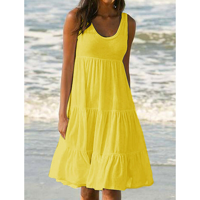 Vestido de verão de praia sem mangas feminino, vestido regado solto, gola redonda, monocromático, grandes dimensões, casual, verão, 2022