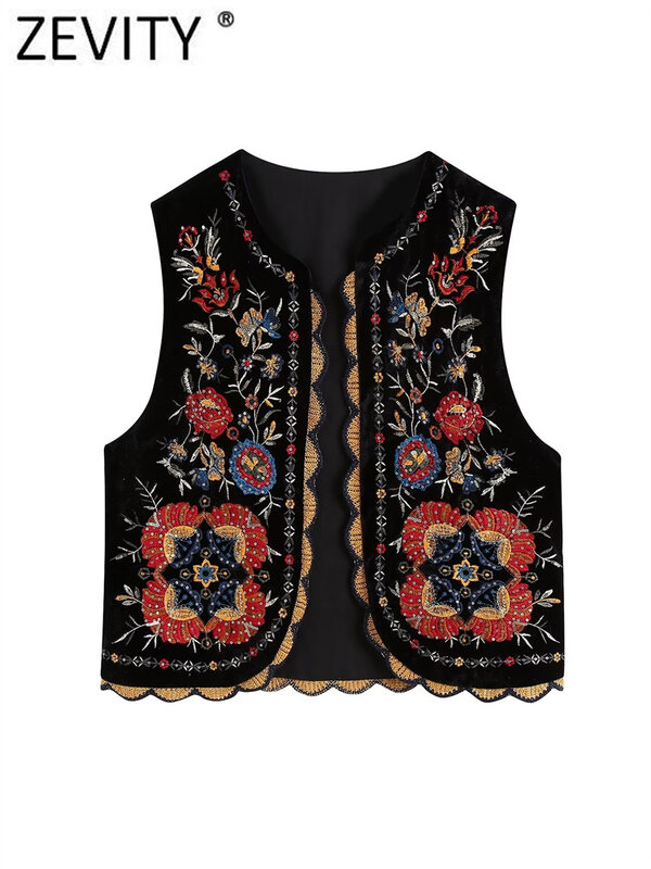 Zevity Women Vintage Sequins Flower Embroidery Vest Jacket Ladies National Style Patchwork Casual Velvet WaistCoat Tops CT2978