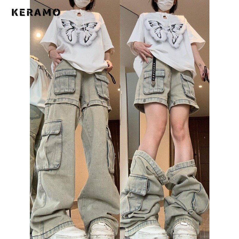 Jeans Harajuku Vintage feminino solto de cintura alta com bolsos, calça sexy em retalhos, perna larga Y2K, calças jeans largas, estilo de rua