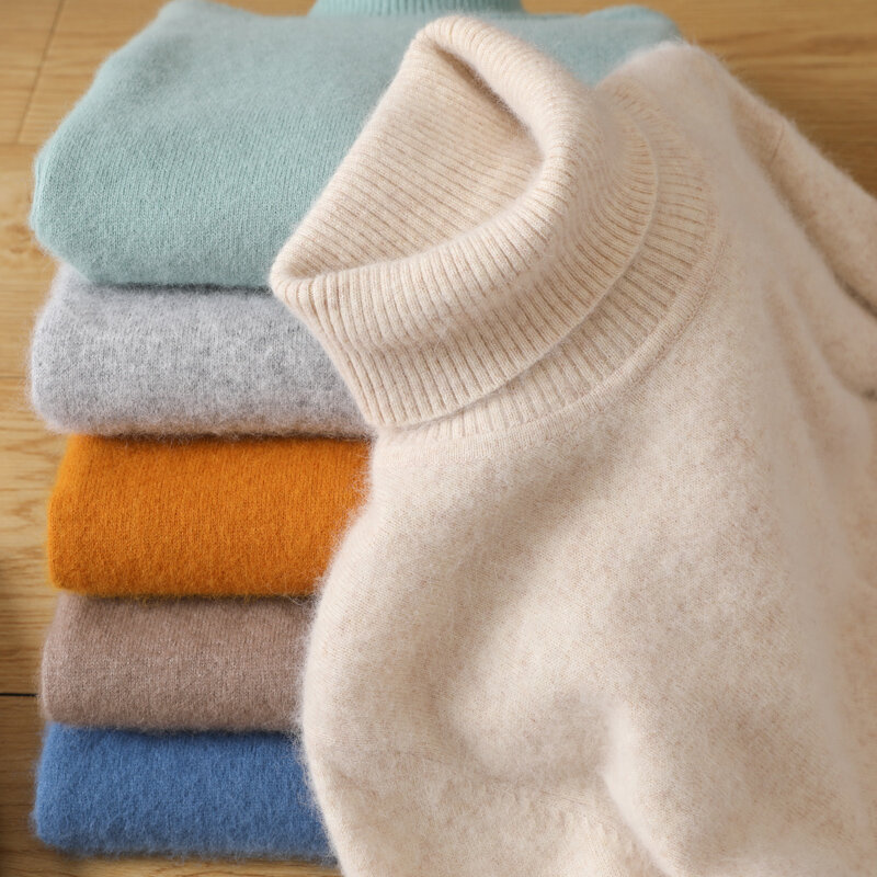 Suéter de Cachemira de lana merina para mujer, suéter de punto de cuello alto, jerséis de manga larga, ropa cálida, Tops de otoño e invierno, 100%