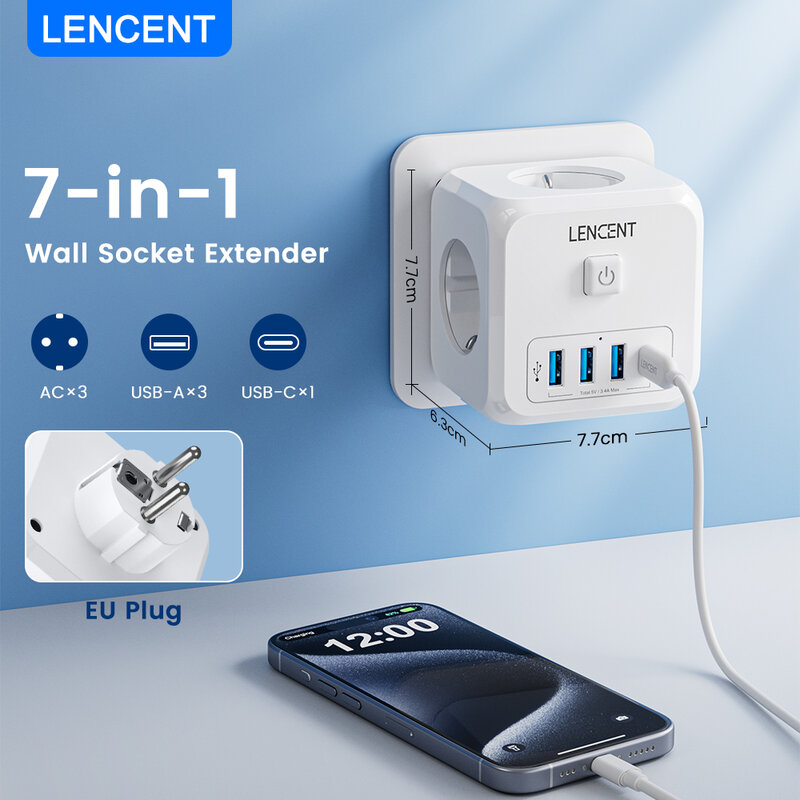 LENCENT Wall Socket Extender with 3 AC Outlets 3 USB Ports And1 Type C 7-in-1 EU Plug Charger On/Off Switch for Home