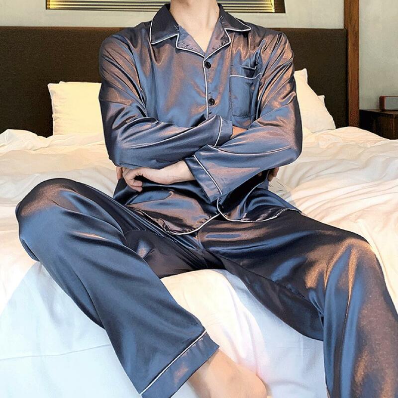 Set piyama lengan panjang untuk pria, setelan piyama musim panas dengan kemeja lengan panjang celana kaki lebar warna Solid pakaian tidur dengan pinggang elastis untuk pria
