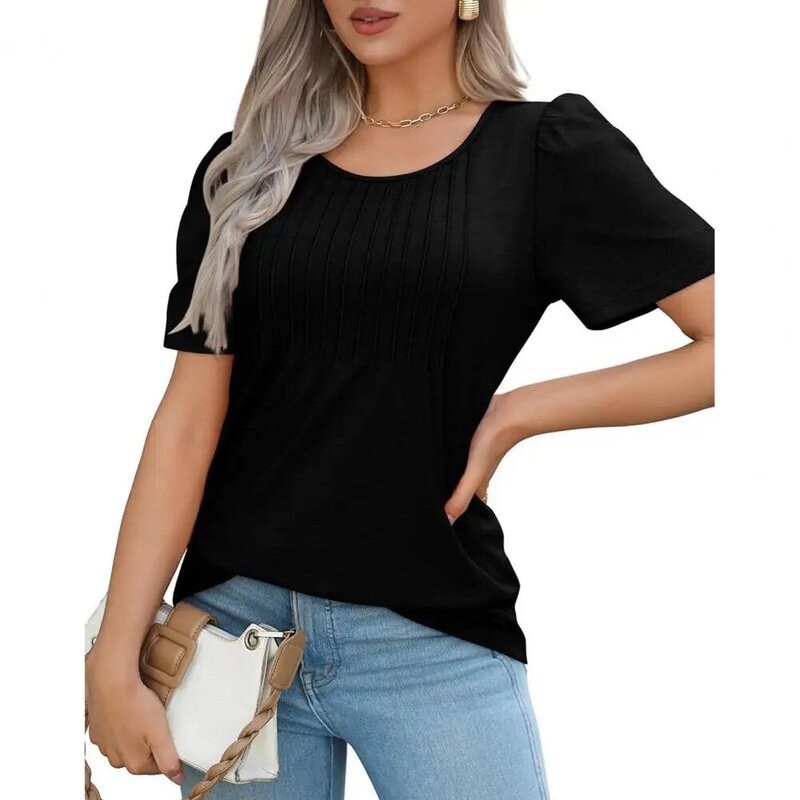Elastic Women T-shirt Stylish Women's Summer T-shirt Collection Casual O-neck Pleated Tee Solid Color Loose Fit Pullover for A