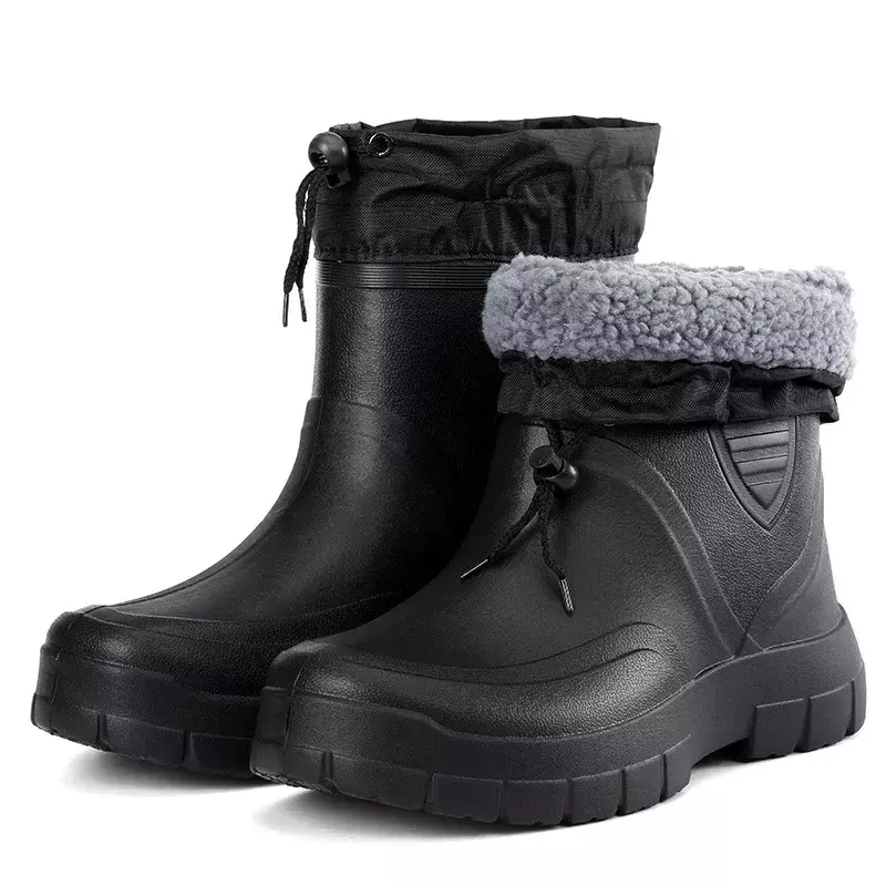 Winter Windproof Cotton Rain Boots Men Warm Light Ankle Rainboots Fashion Black Slip on Rain Shoes Men Waterproof Work Boot2024