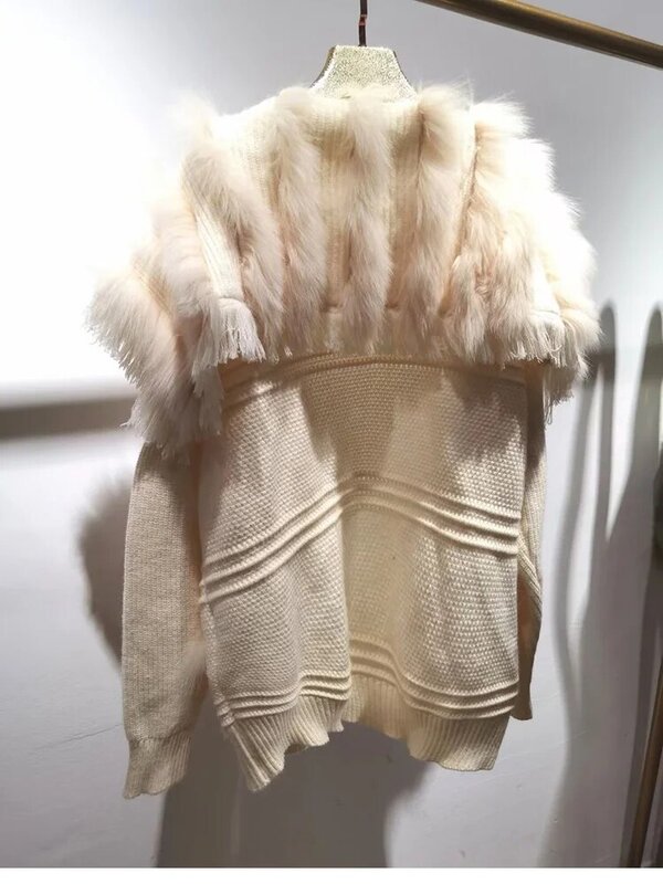 Casaco de pele raposa real com guarnição, cardigã de malha, pele real, casacos elegantes, casacos, nova moda, design famoso, 2024