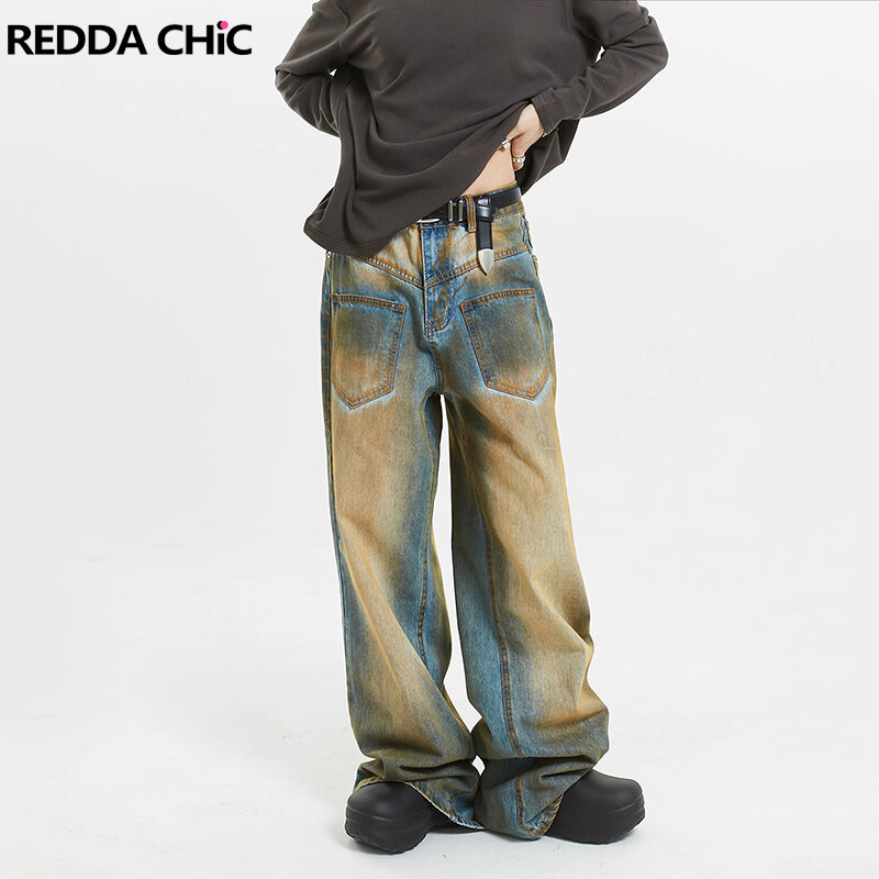 Reddaschic-pantalones vaqueros holgados de tiro bajo para mujer, ropa de calle de pierna ancha, desgastados, color azul, Retro, talla grande, lavado sucio, Y2k