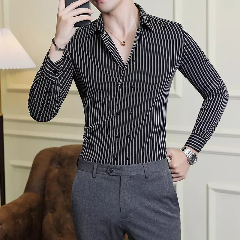 Men Double Breasted Striped Shirt 2024 Spring New Party Evening Dress Formal Shirt Long Sleeved Fashionable Casual Men Clothing