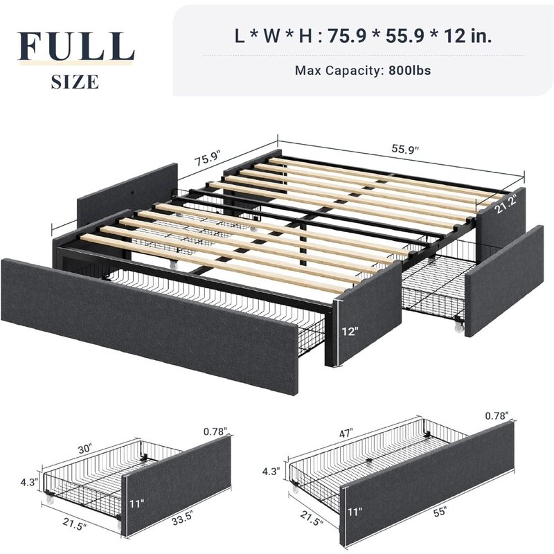 Full Size Platform Bed Frame Met 3 Opbergladen, Stof Gestoffeerd, Houten Latten Ondersteuning, Geen Boxspring Nodig