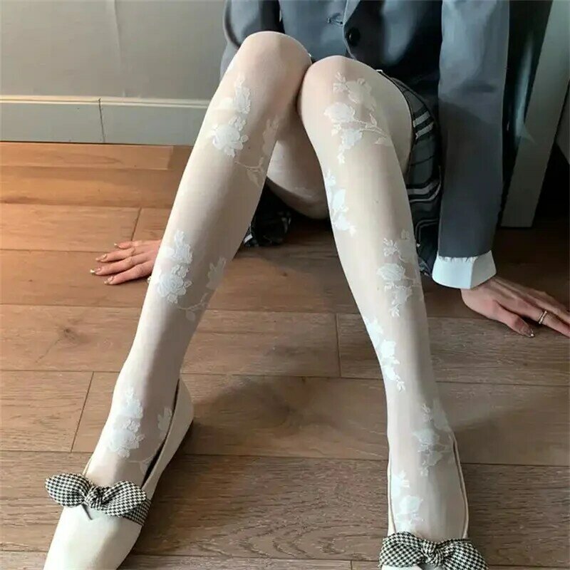 New Fashion 15D Rose Jacquard Tights Female Sexy Black White Ultra- Thin Style Anti-hook Silk Pantyhose