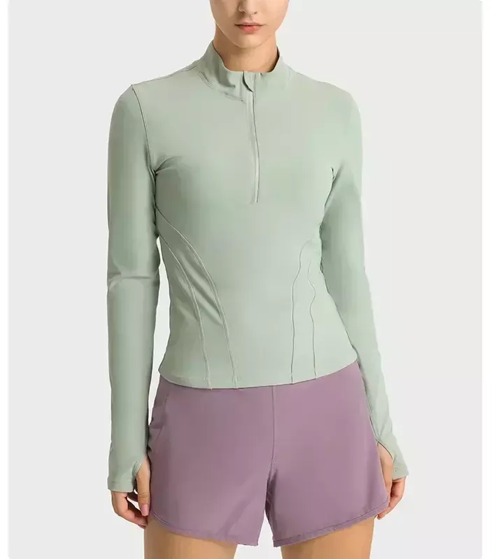 Lemon-Top de manga larga para mujer, camisas de gimnasio, Yoga, Fitness, ropa deportiva, media cremallera, blusa elástica, chaqueta