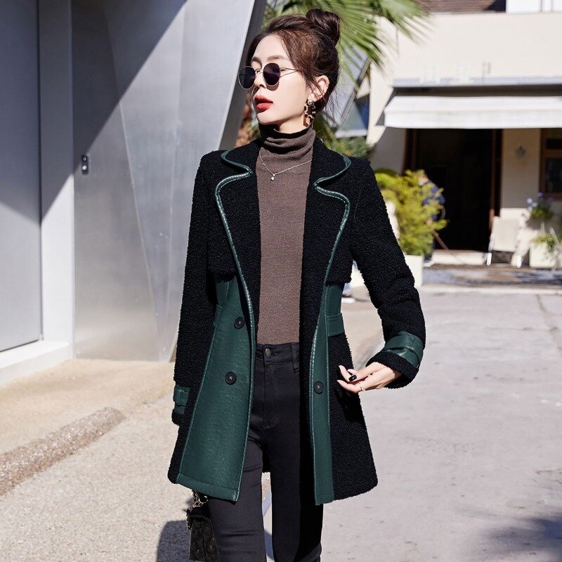 Women's Mid-Length Leather Jacket, Sheepskin Coat, Warm, Thick, Lambs Wool, High-End, Slim Fit, Female Fashion, Winter, New