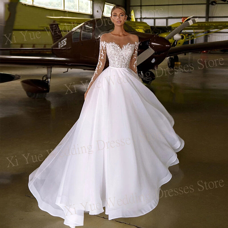 2024 우아한 A 라인 여성 웨딩 드레스, 매력적인 레이스 아플리케, 신부 가운, 긴 소매 구슬 비치