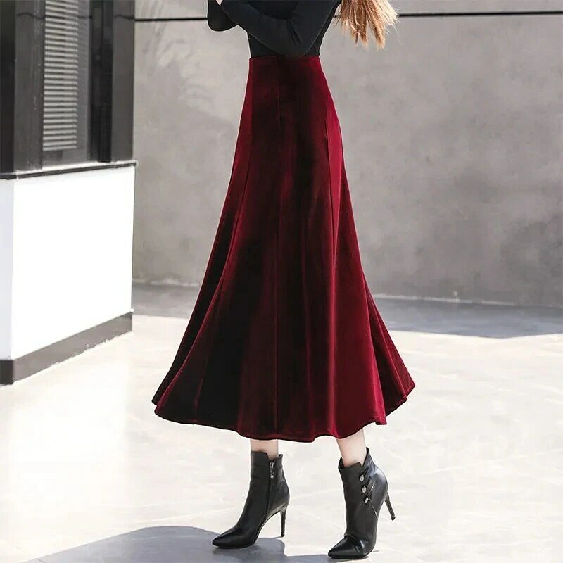 Faldas largas de terciopelo dorado para mujer, Faldas plisadas de cintura alta, estilo coreano, rojo y negro, para Otoño e Invierno