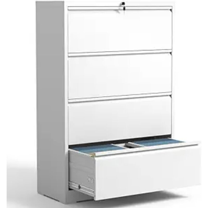 NewYukimo-Armário lateral com fechadura, Home Office Legal e Carta Tamanho A4, armário de armazenamento com 4 gavetas, branco