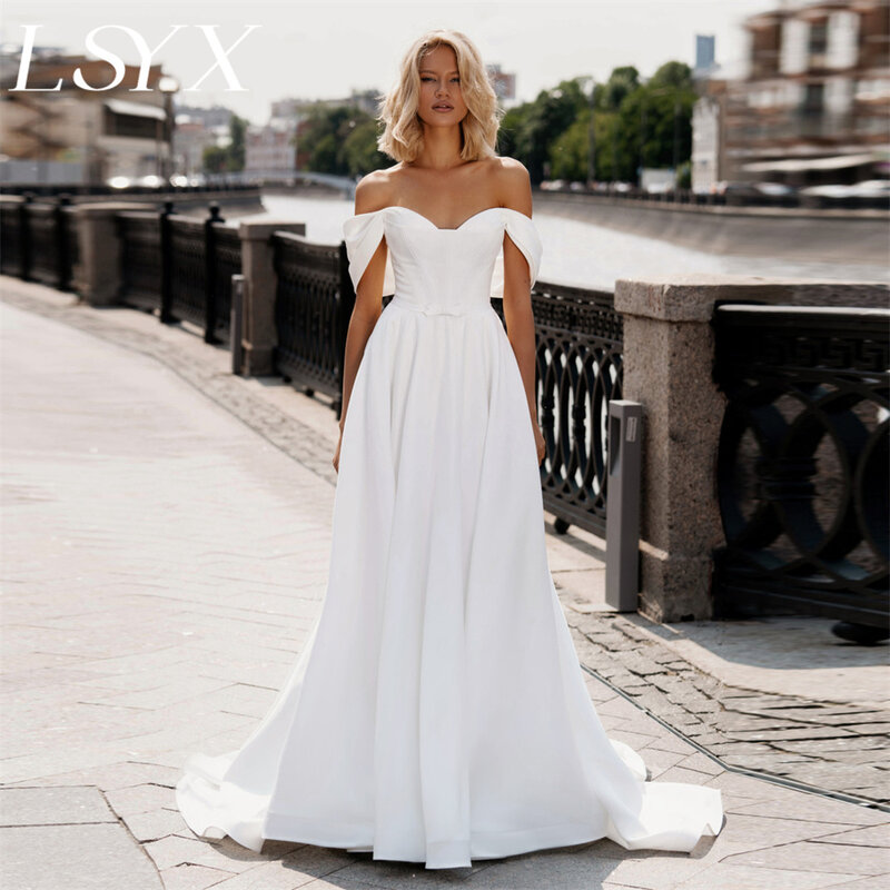 LSYX Off-Shoulder Pleats V-Neck Crepe A-Line Wedding Dress For Women Zipper Back Floor Length Bridal Gown Custom Msde
