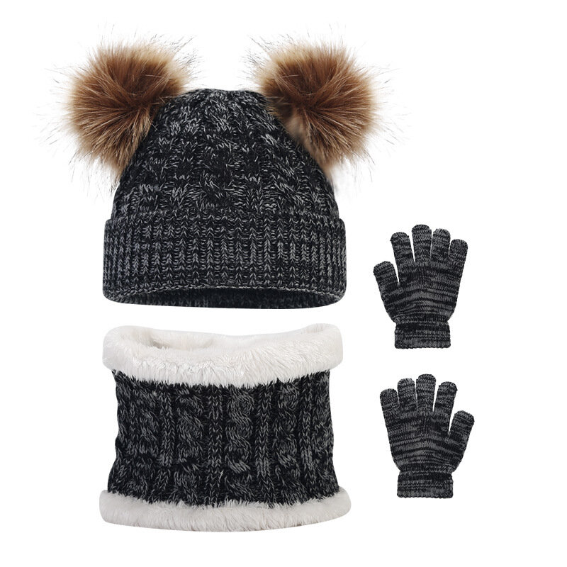 Kids Hat and Scarf 3 Piece Set Girls Boys Warm Thick Casual Beanie Knitted Beanie Hat with Plush Pom + Faux Fur Scarf + Gloves