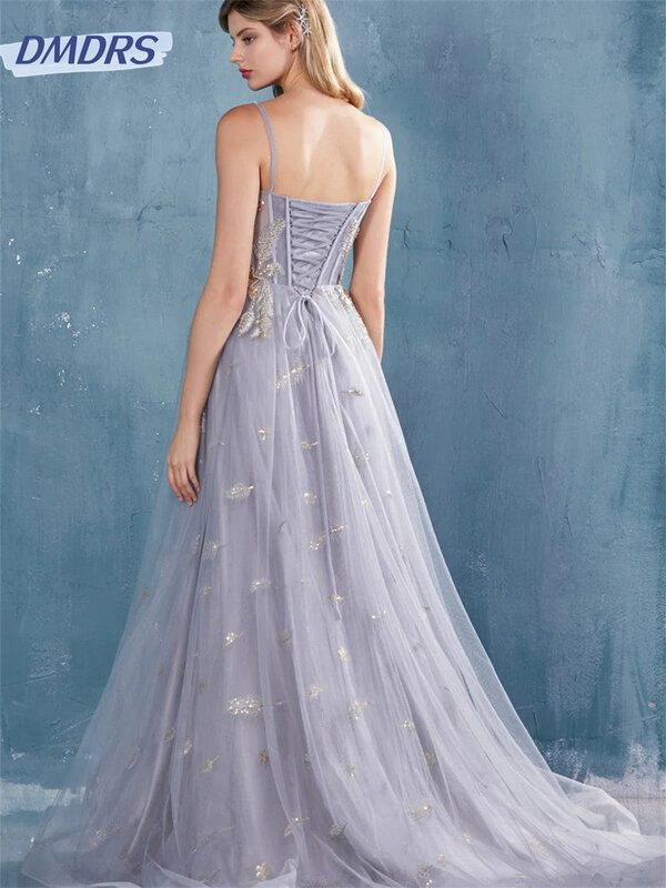 Gaun Tulle anggun 2024 gaun malam tanpa tali romantis gaun panjang selantai model A-Line bordir elegan Vestidos De Novia