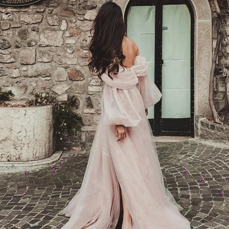 Eeqasn-Vestidos de Fiesta de tul rosa brillante para mujer, con hombros descubiertos vestido de novia, manga larga abullonada, vestido de noche con abertura, 2023