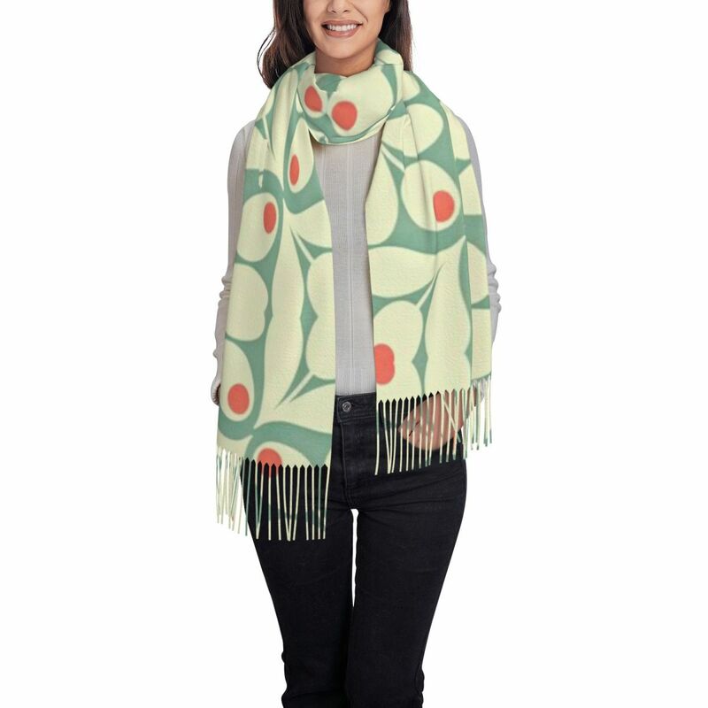 Lady Long Orla Kiely Floral szalik zimowa, jesienna, gruba, ciepła chusta z frędzlami