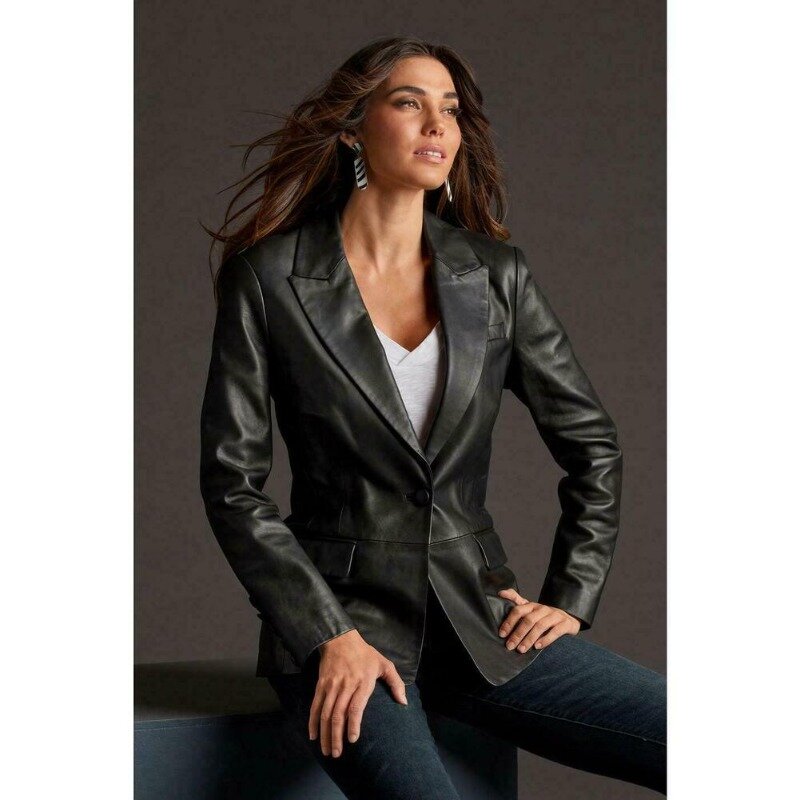 Women's Black True Soft Sheepskin Fashion Hot Selling Leather Suit Coat European and American Fashion Trend