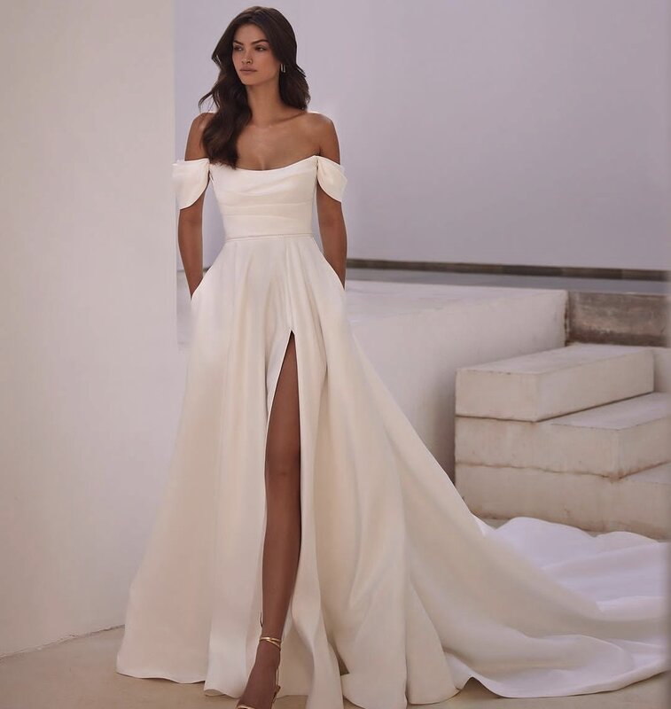 Elegante vestido de casamento cetim com fenda lateral para mulheres, manga curta, vestidos de noiva civis, personalizados para medir, 2024