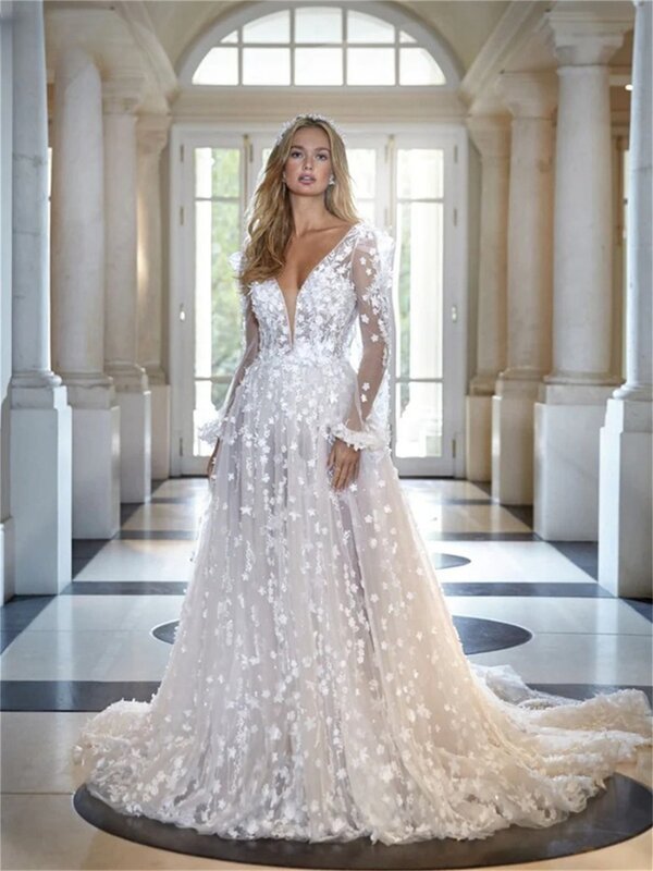 Vestido de casamento simples gola V, elegante vestido nupcial, luxuoso com Applique, 2024