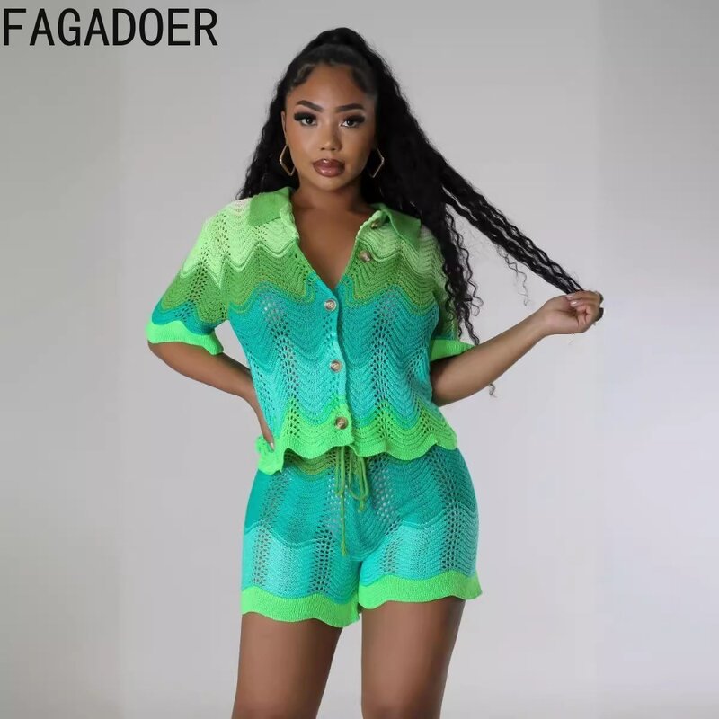 Fagadoer-طقم نسائي من قطعتين ، شورت حياكة مطبوع مخطط ، زر علوي + شورت ، ملابس نسائية ، ربيع ، جديد