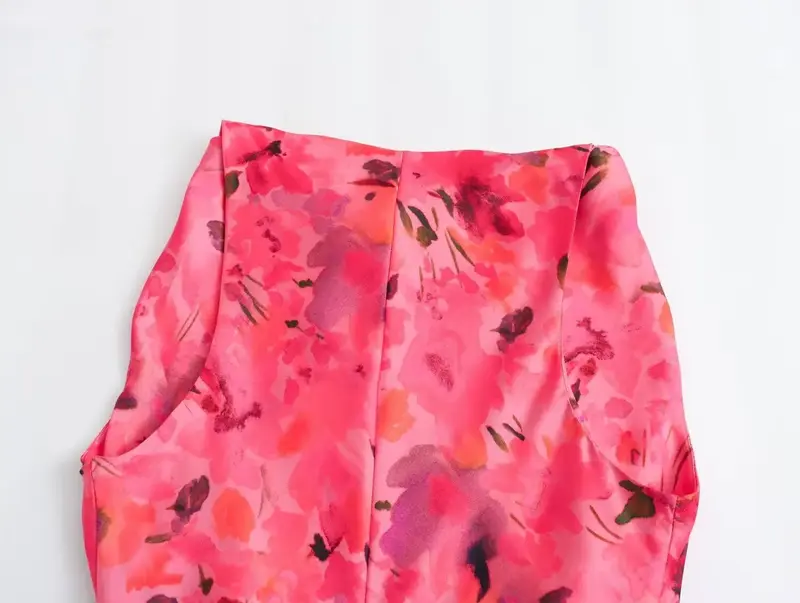 Vrouwen Nieuwe Chique Mode Bloemenprint Decoratie Slanke Split Zijde Textuur Midi Jurk Vintage Mouwloze Vrouwelijke Jurken Robe Mujer