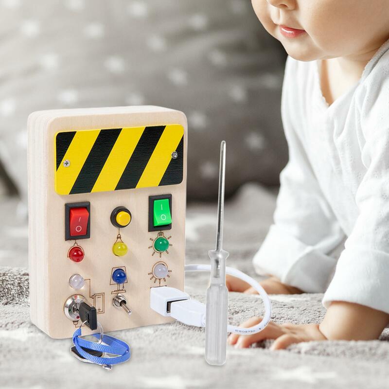 Lights Switch Busy Board Toys with Button Toddlers Learning Cognitive Wooden Control Panel for Boys Girls Kids Toddlers Children