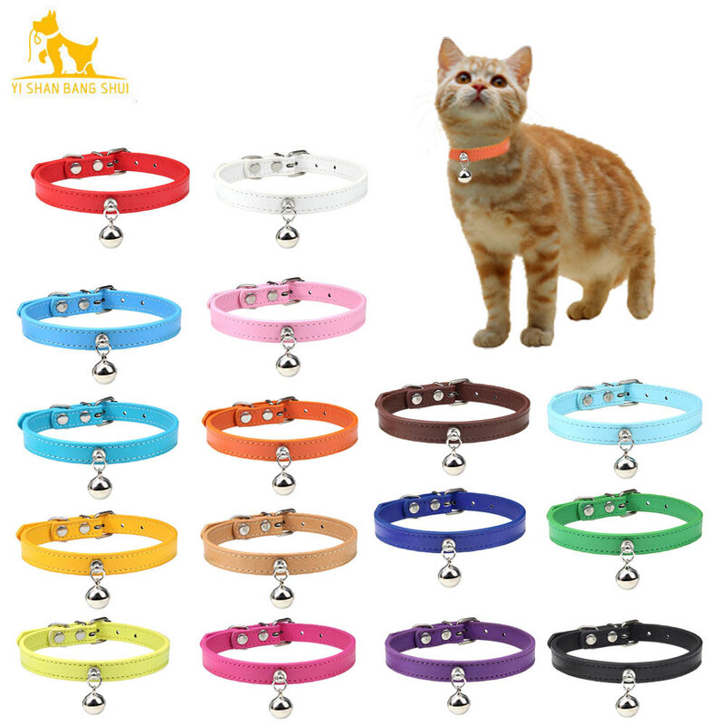 Красочный ошейник для кошек с колокольчиком ожерелье для котят кожаный ошейник для щенка для маленьких собак аксессуары для кролика Чихуах...