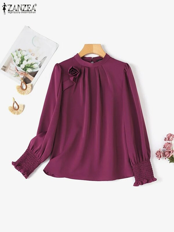 ZANZEA Women Satin Party Blouse Vintage 3D Flower Stitching Shirt 2024 Summer Office Stand Collar Tops Casual Long Sleeve Blusas