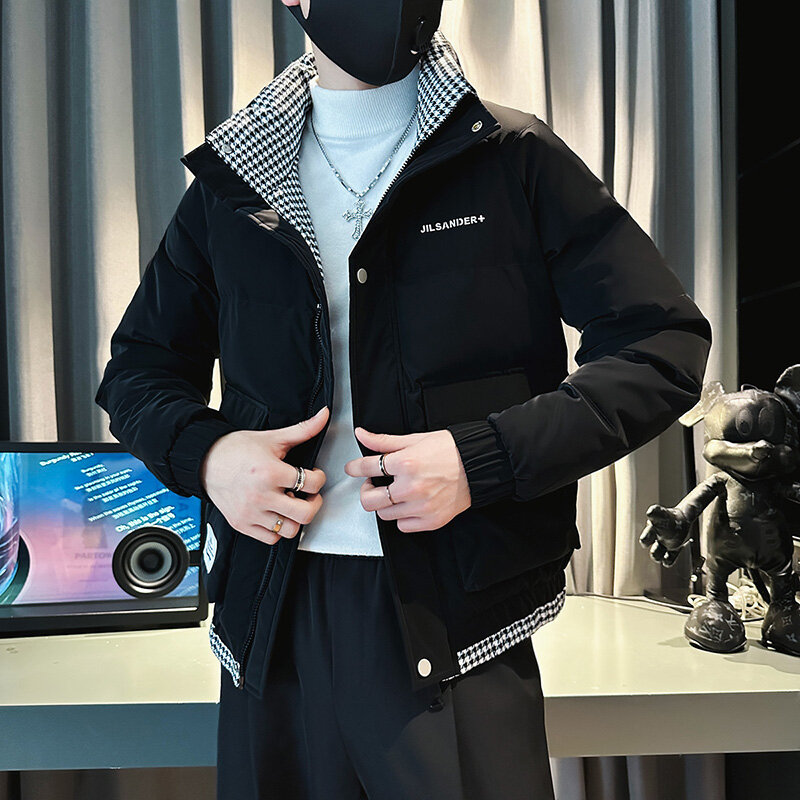 Jaket mantel katun tebal pria, parka Musim Dingin versi Korea kerah berdiri 2023 untuk lelaki