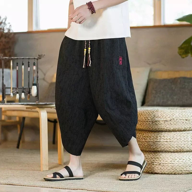 Pantalones cortos de estilo Kimono japonés para hombre, ropa asiática de baño, holgados e informales, de lino Yukata, de pierna ancha