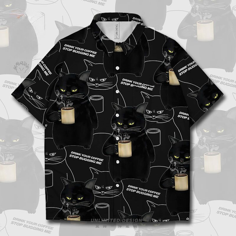 Рубашка с коротким рукавом для мужчин и женщин, интересная нишевая блузка черного кота и кофейного цвета, повседневный Свободный Летний трендовый Топ большого размера, y2k