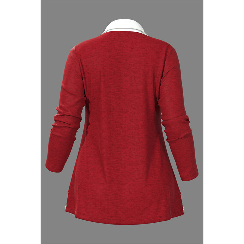 Plus Size Casual Lente Shirt Rood Kant Stiksel Knoop Nieuw Revers Retro Shirt