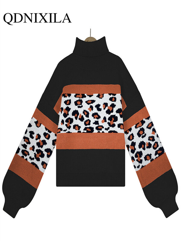 Fashion Tops 2023 Women Leopard Print Sweater Women Animal Jumper Loose Oversize Warm Winter Striped Sweater Knitted Pullover
